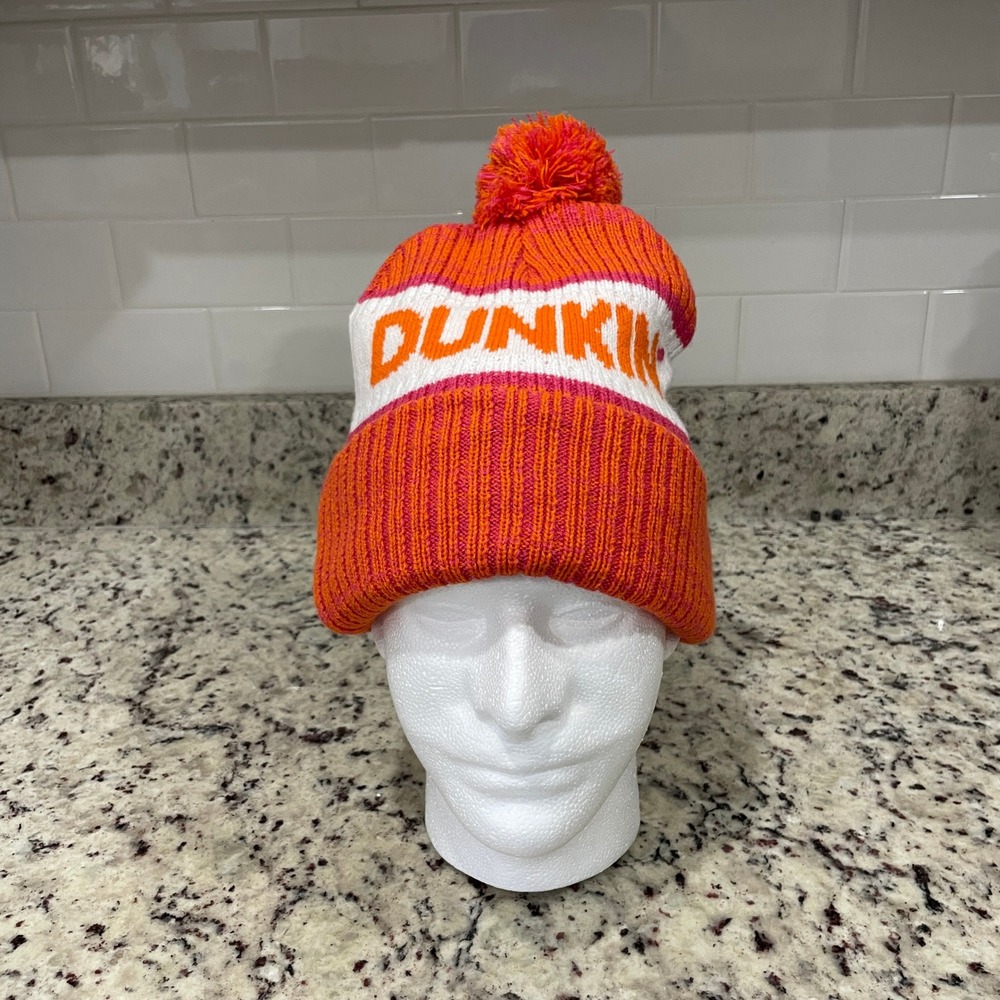 Dunkin Donuts Knit Pom Pom Beanie Hat Orange Pink White Cuffed Winter Cap